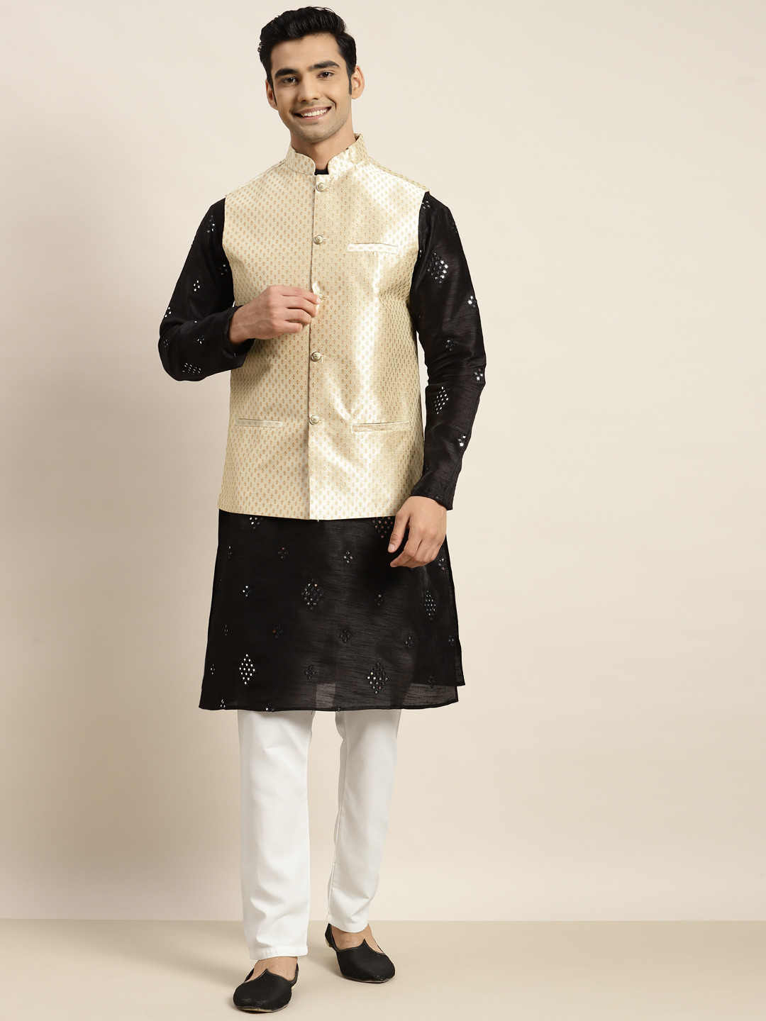 SOJANYA Men Black Mirror Work Kurta with Pyjamas & Nehru Jacket