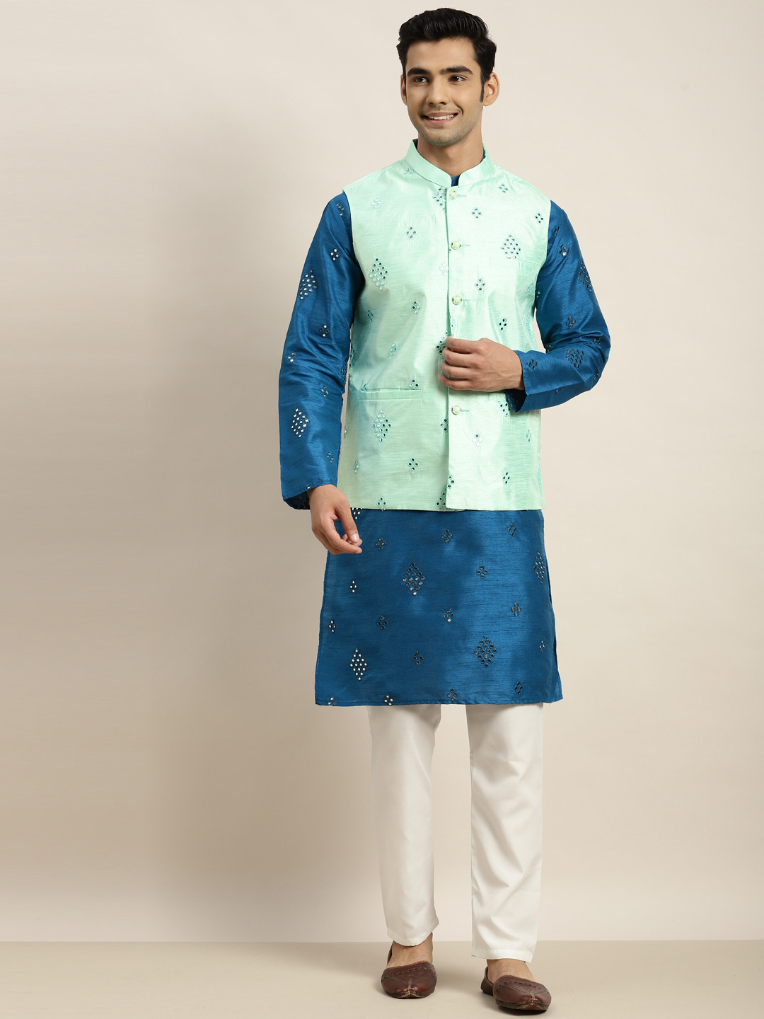 SOJANYA Men Blue Mirror Work Kurta with Pyjamas & Nehru Jacket