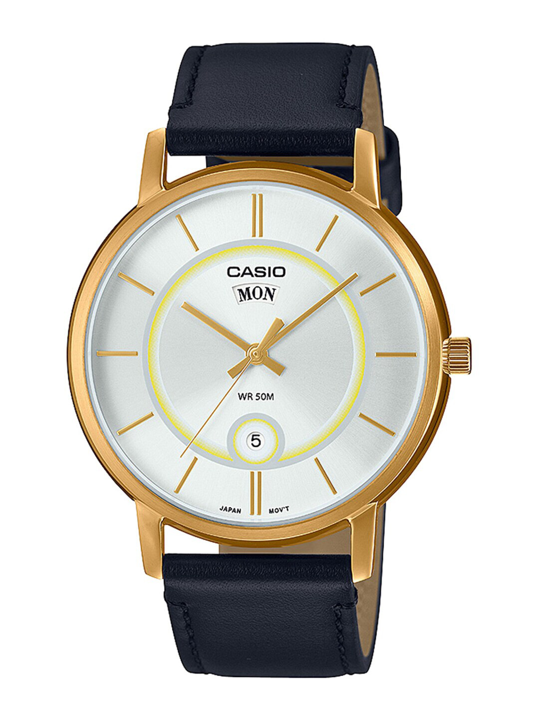 CASIO Men White Dial & Black Leather Straps Analogue Watch A2044-White