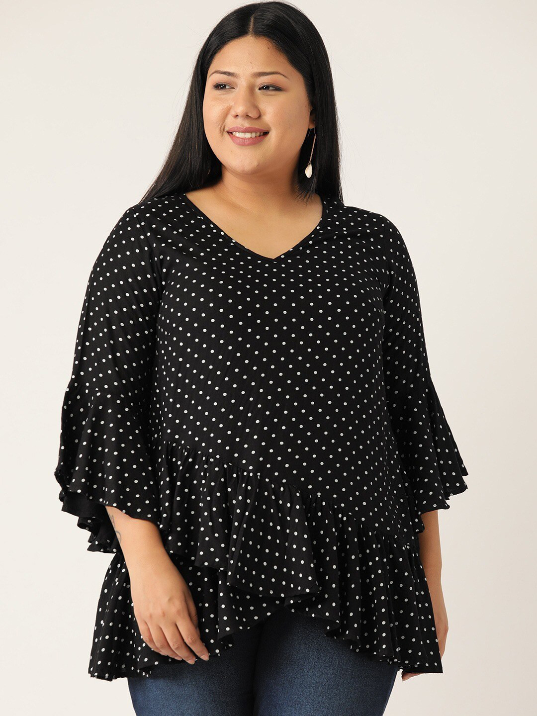 theRebelinme Women Plus Size Black & White Polka Dot Printed Ruffles Top