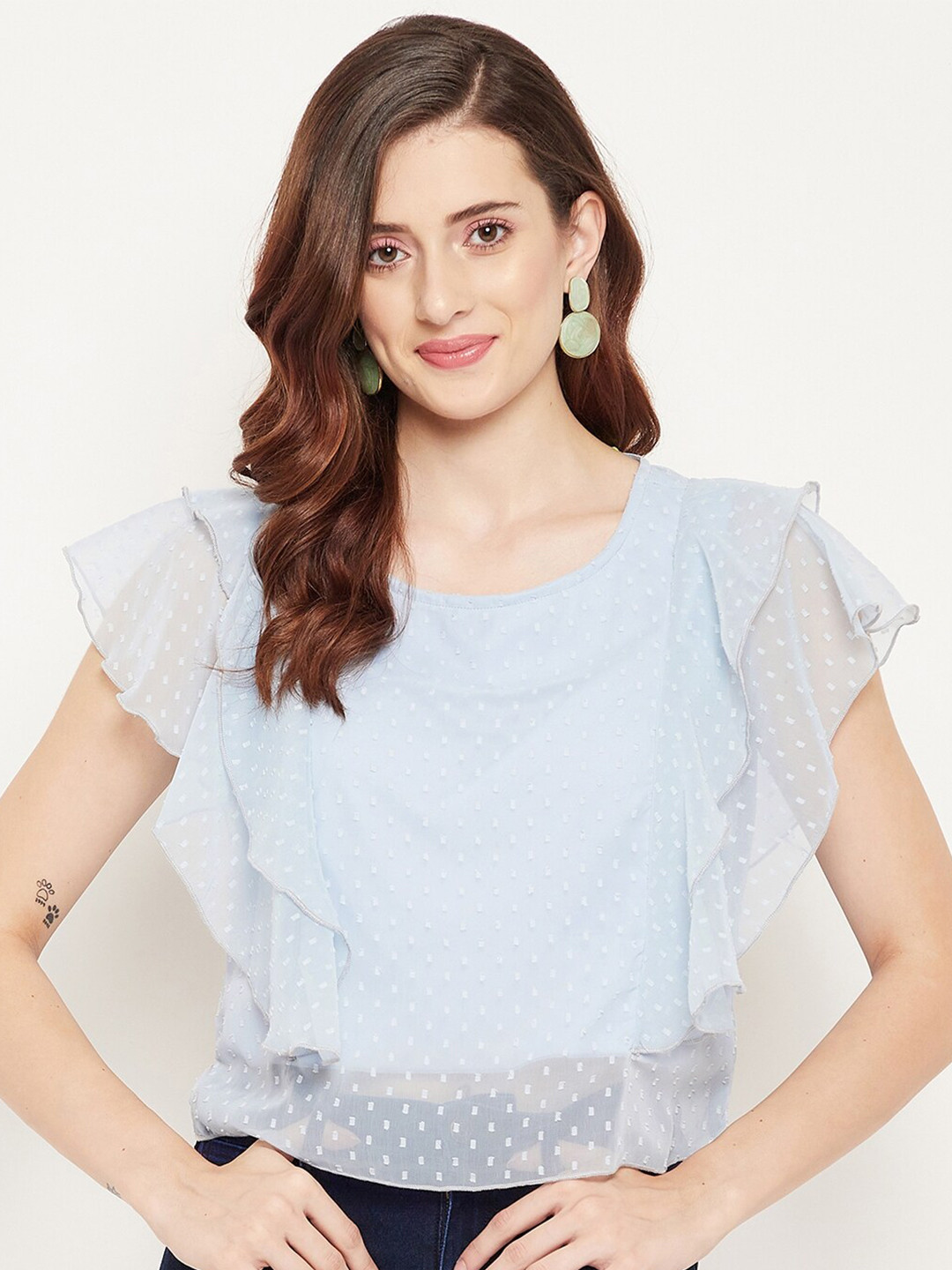 Bitterlime Blue Ruffles Georgette Top