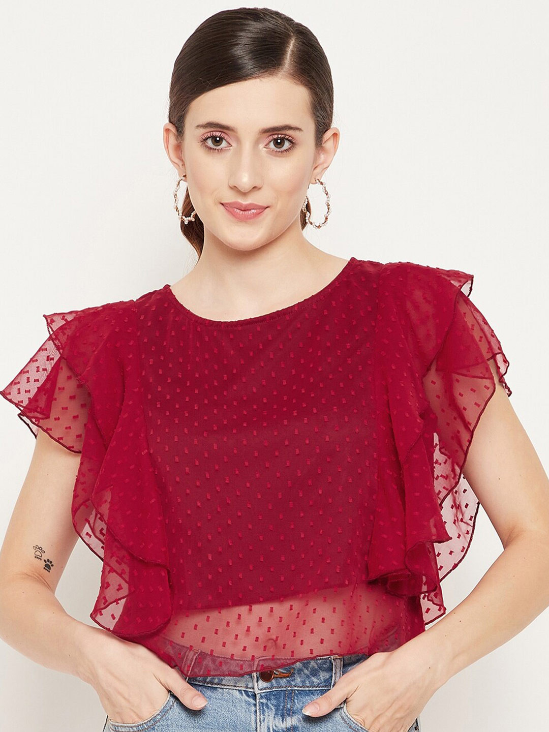 Bitterlime Women Red Ruffles Georgette Crop Top
