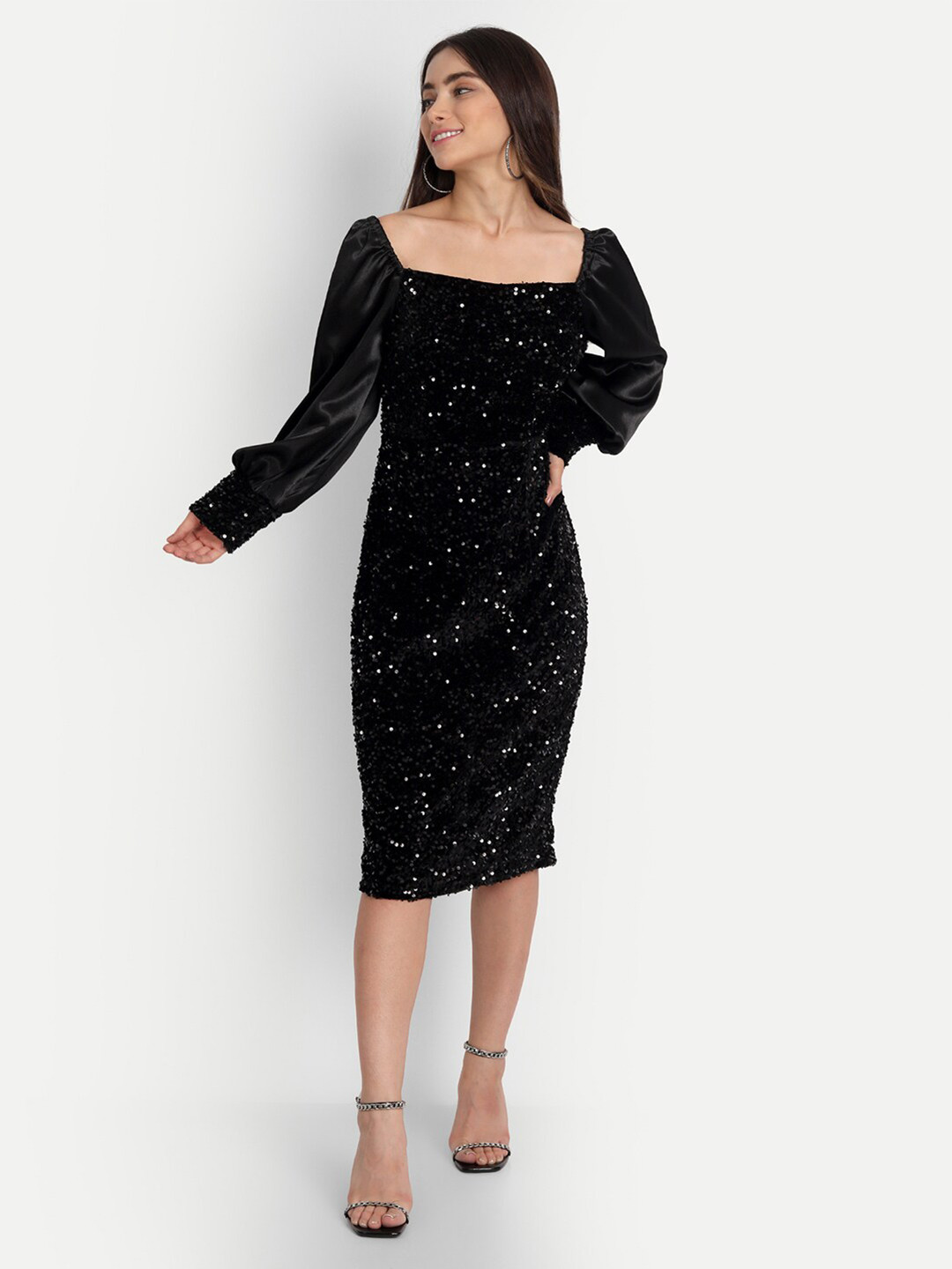 iki chic Women Black Sequined Sheath Dress