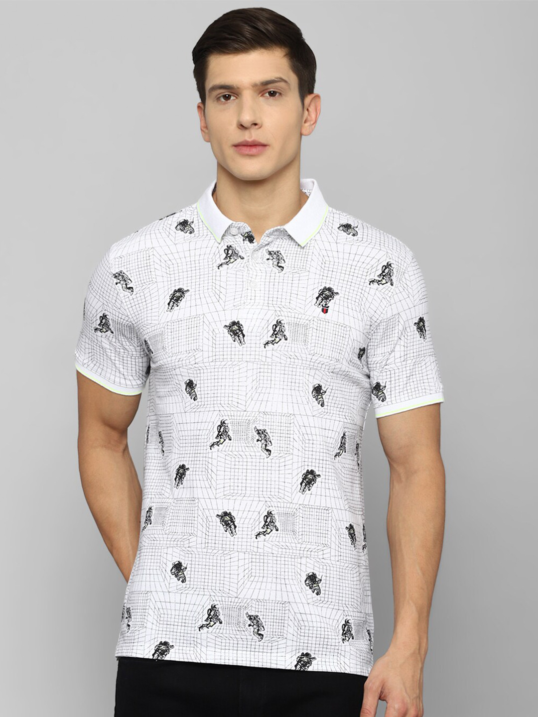 Louis Philippe Jeans Men White & Black Printed Polo Collar Slim Fit T-shirt