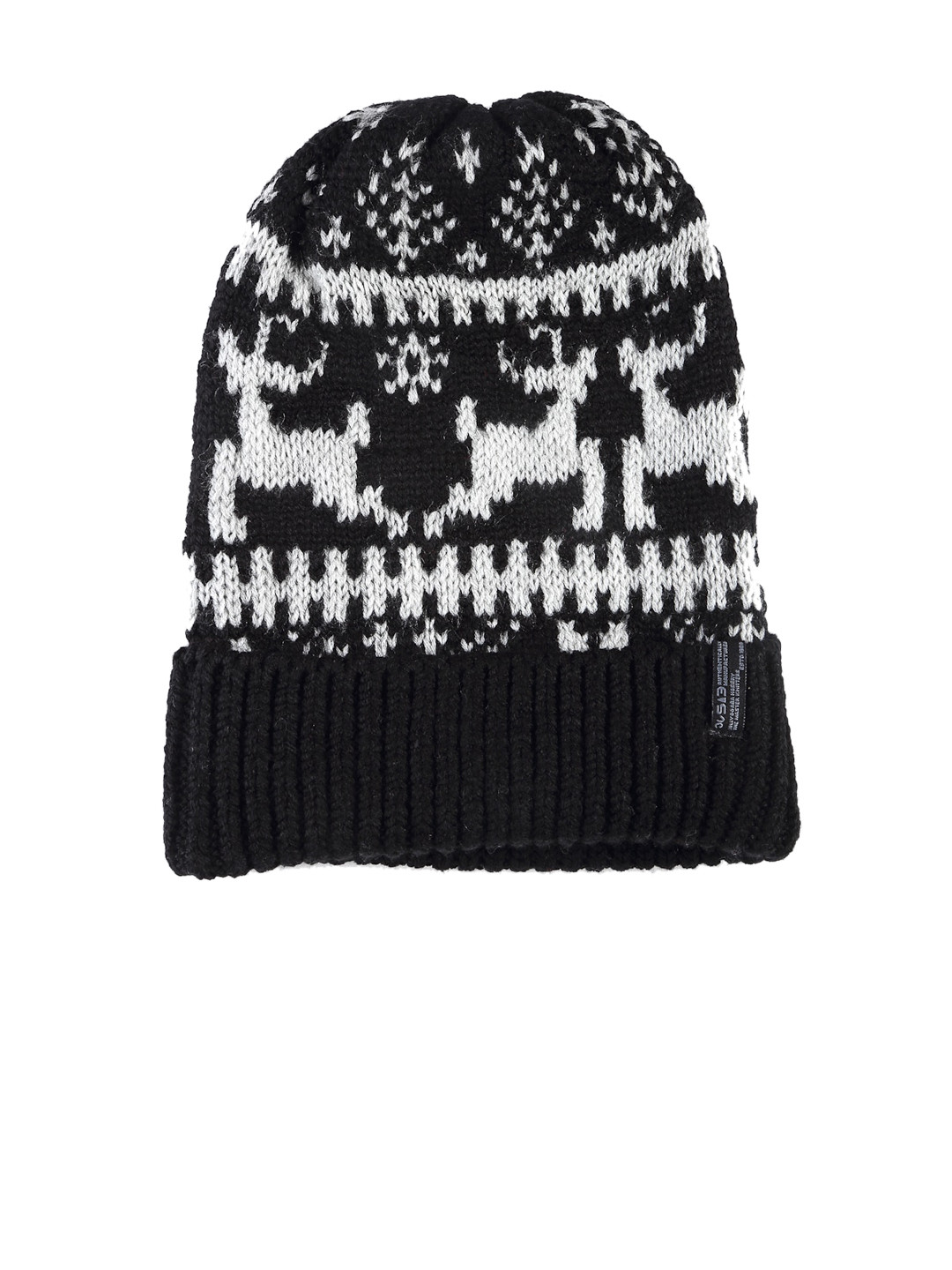513 Women Black And Off White Self Design Acrylic Beanie Cap
