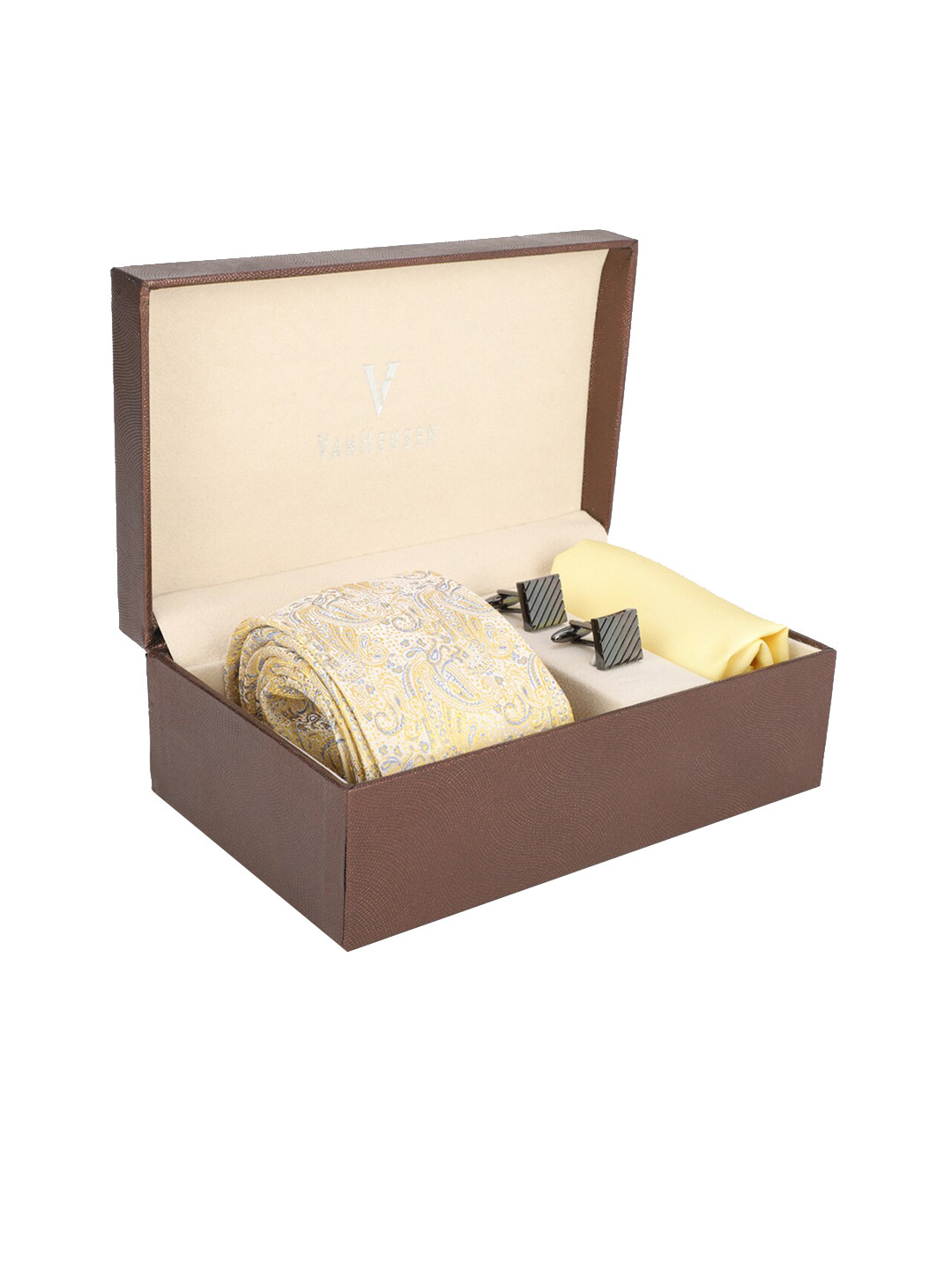 Van Heusen Men Yellow Ethnic Print Tie With Pocket Square And Cufflink Accessory Gift Set