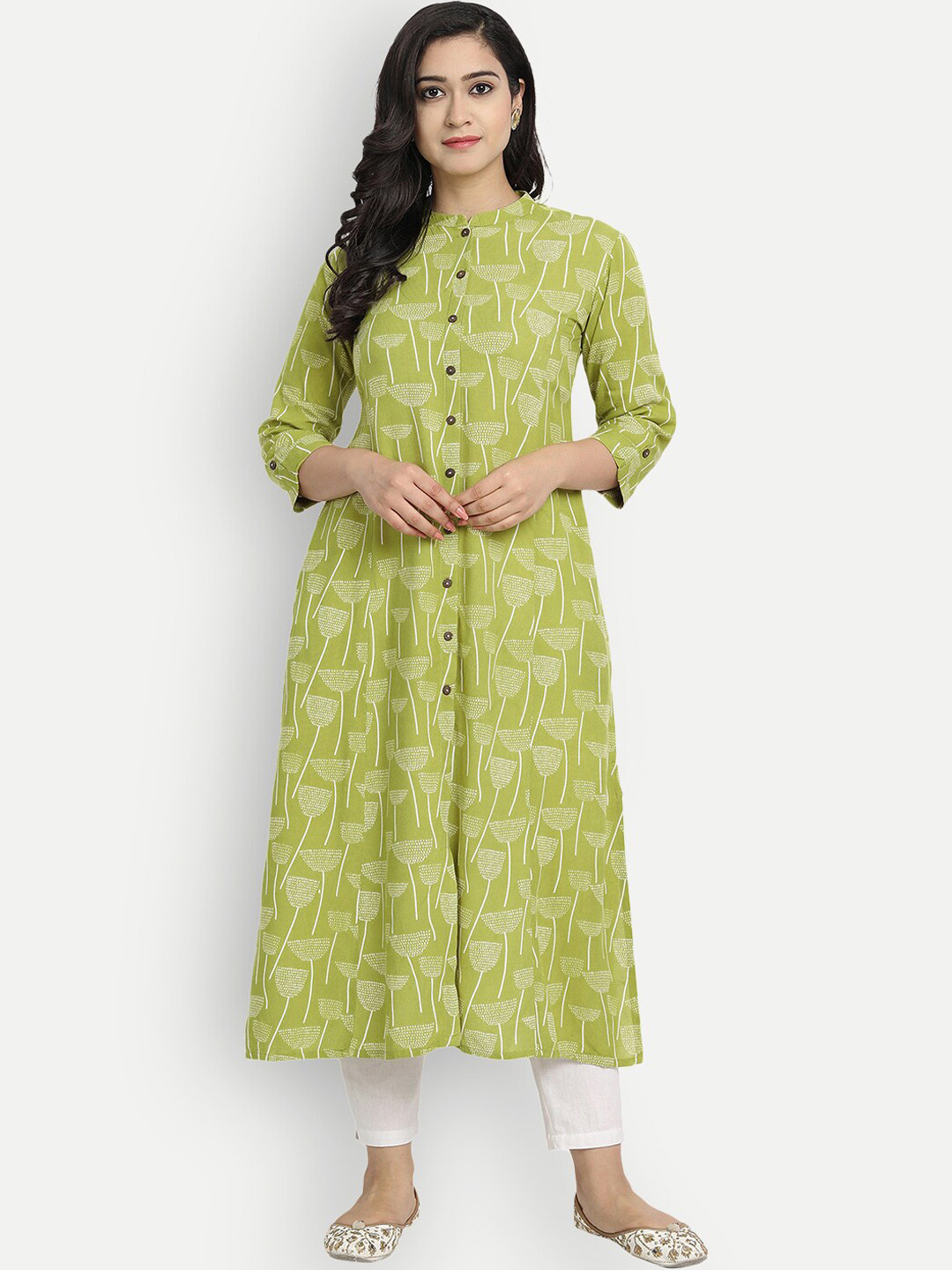 Haute and Humble Women Green & White Printed Floral Kurta