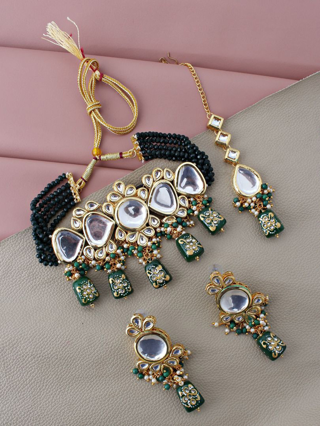 LUCKY JEWELLERY 18K Gold-Plated White & Green Kundan-Studded & Pearl Beaded Choker Set