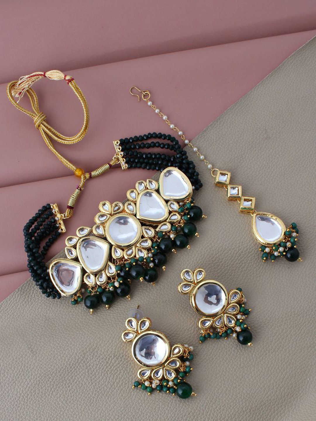 LUCKY JEWELLERY Gold-Plated White & Green Kundan Studded & Beaded Choker Set