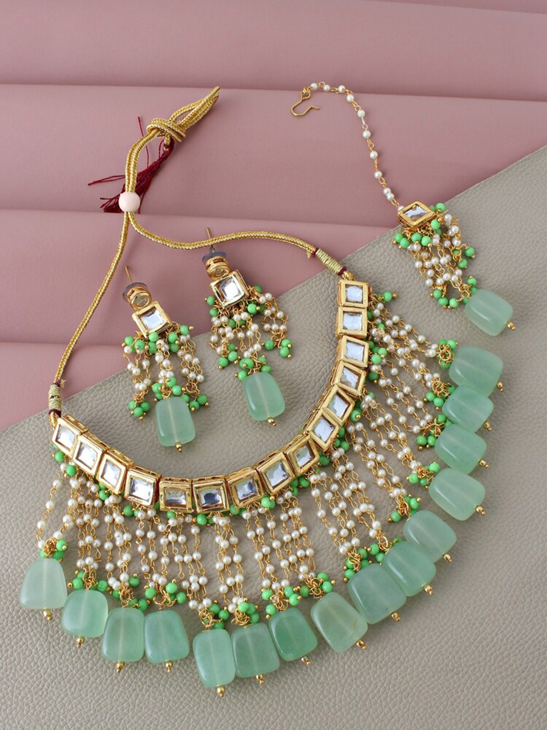 LUCKY JEWELLERY Gold Plated & Green Kundan Studded Green Jewellery Set
