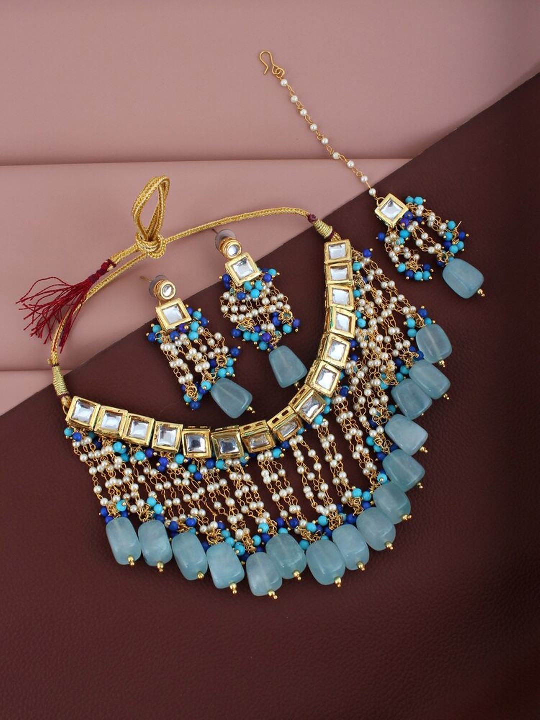 LUCKY JEWELLERY Gold-Plated Blue Ferozi Kundan Studded Jewellery Set