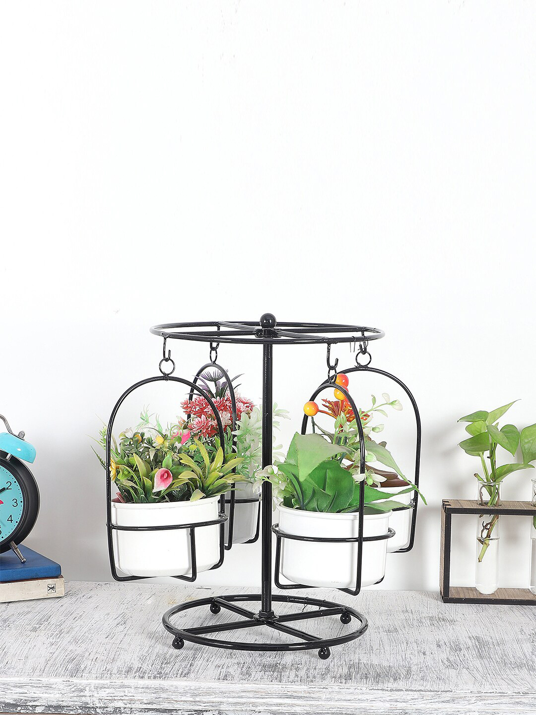 Amaya Decors White & Black Solid Merry Go Round Planters With Stand
