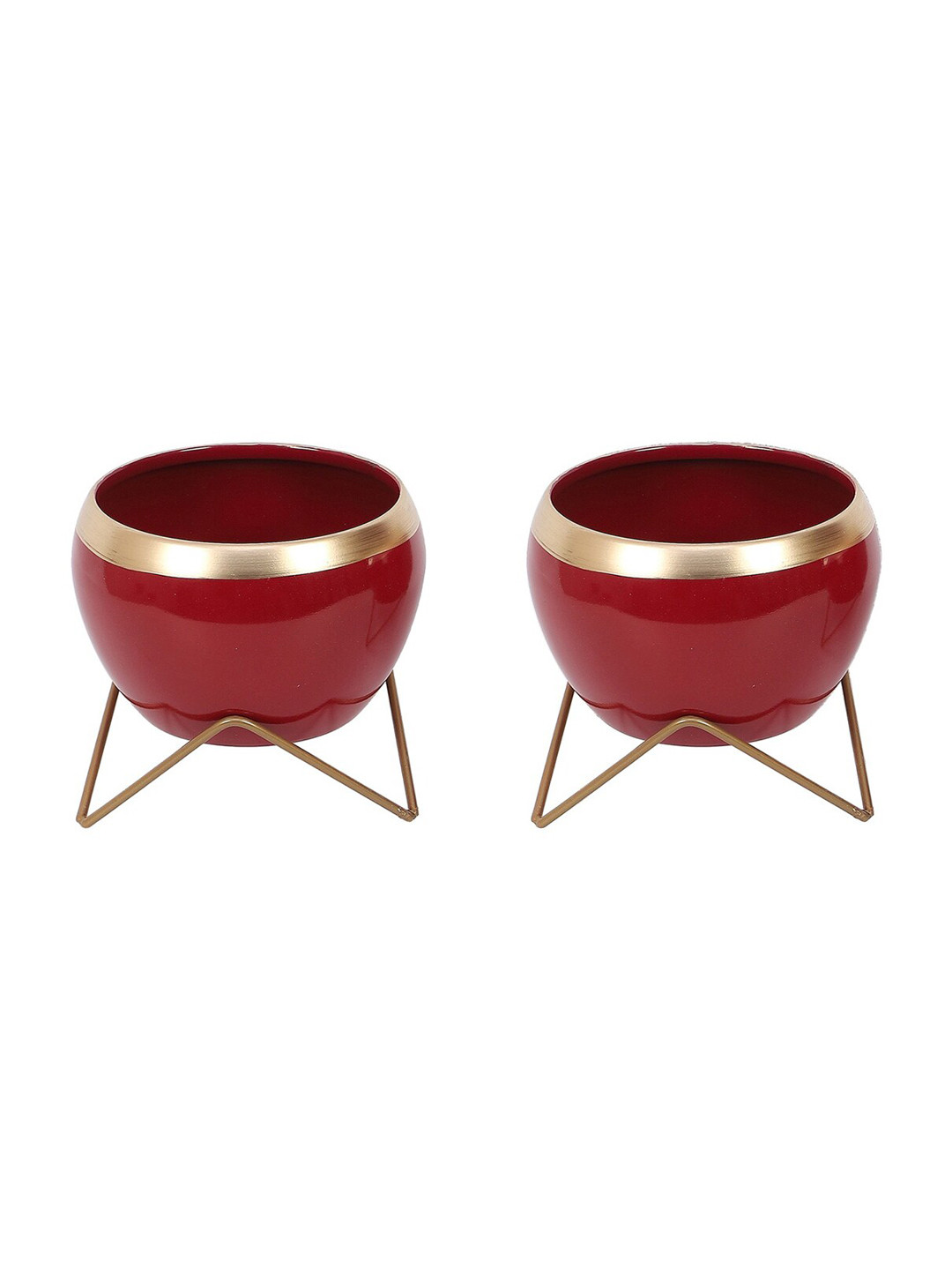 Amaya Decors Set Of 2 Gold-Toned & Red Solid Planters With Stand