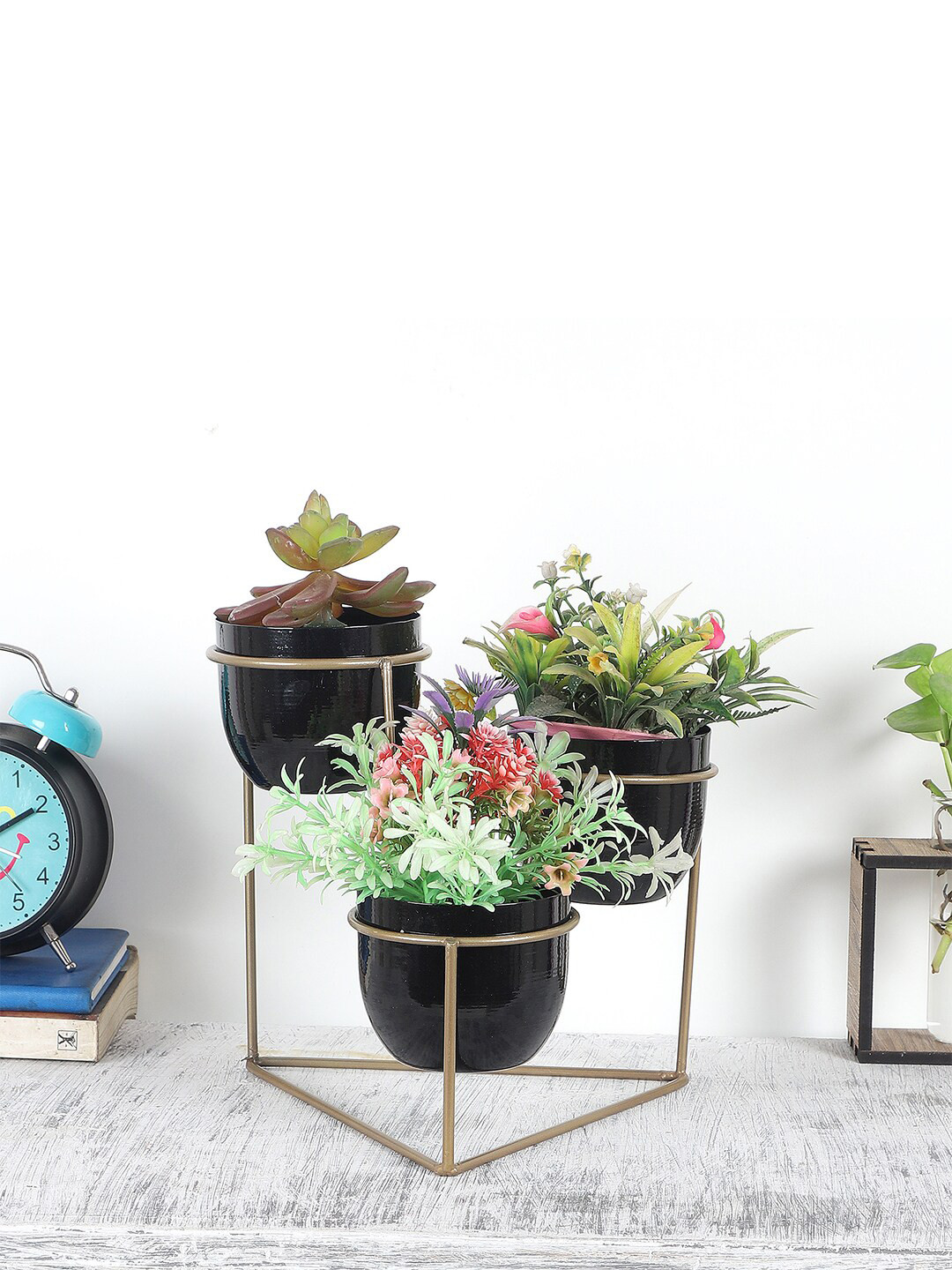 Amaya Decors Set Of 3 Gold-Toned & Black Solid Planter With Triangle Stand