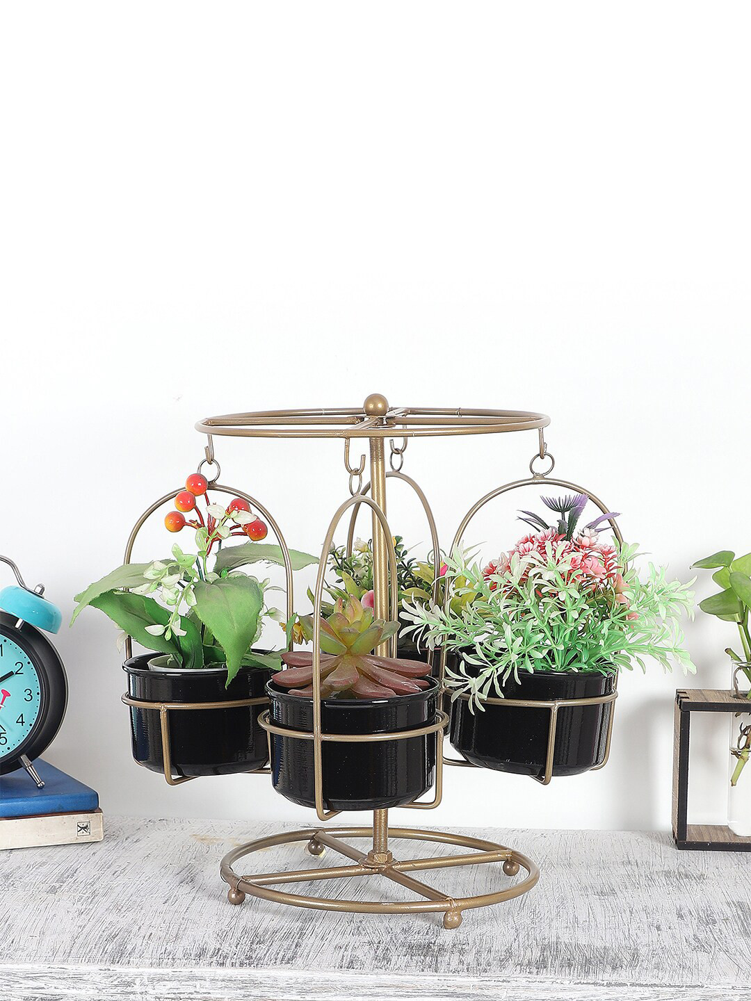 Amaya Decors Set Of 4 Gold-Toned & Black Solid Revolving Merry Go Round Planters With Stand