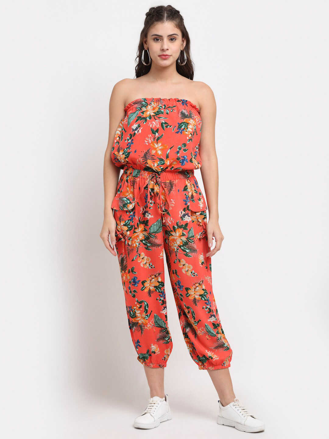 NEUDIS Women Orange & Green Strapless Printed Basic Jumpsuit