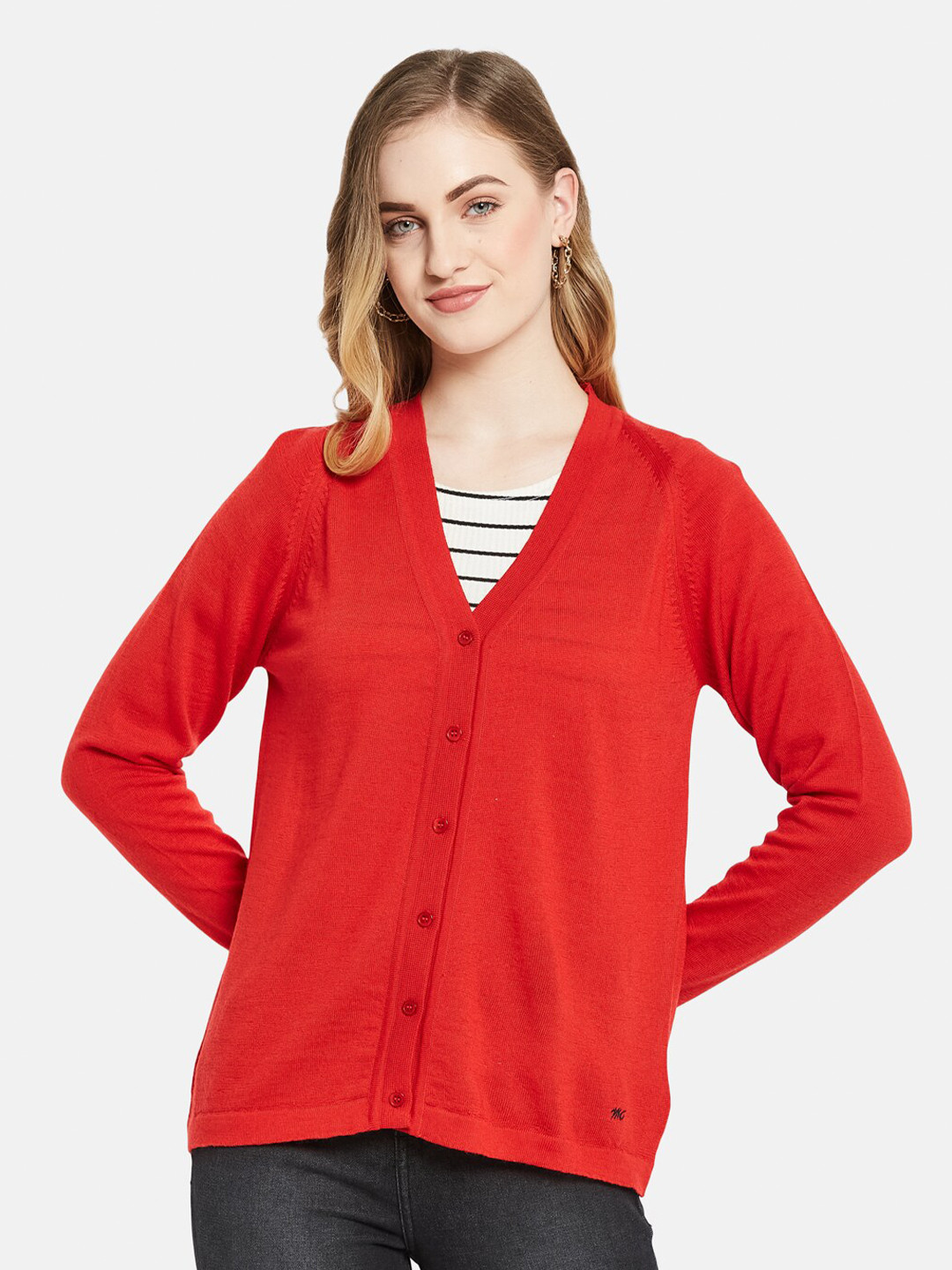 Monte Carlo Women Red V Neck Pure Wool Cardigan