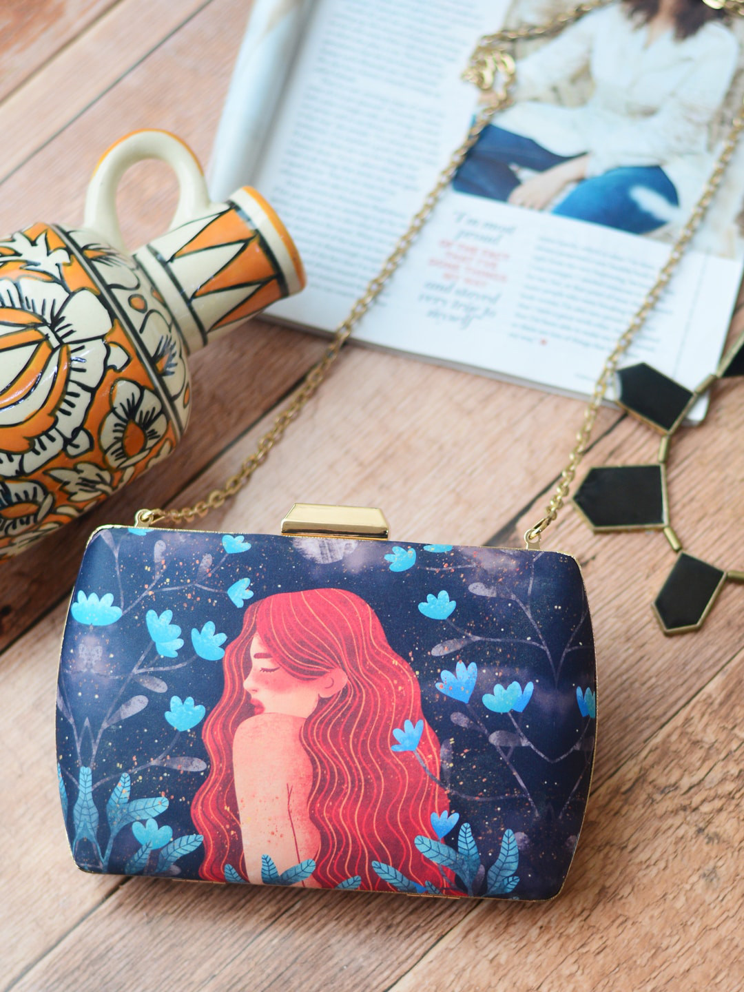 ARTKLIM Blue & Pink Princess Of Flora Printed Box Clutch