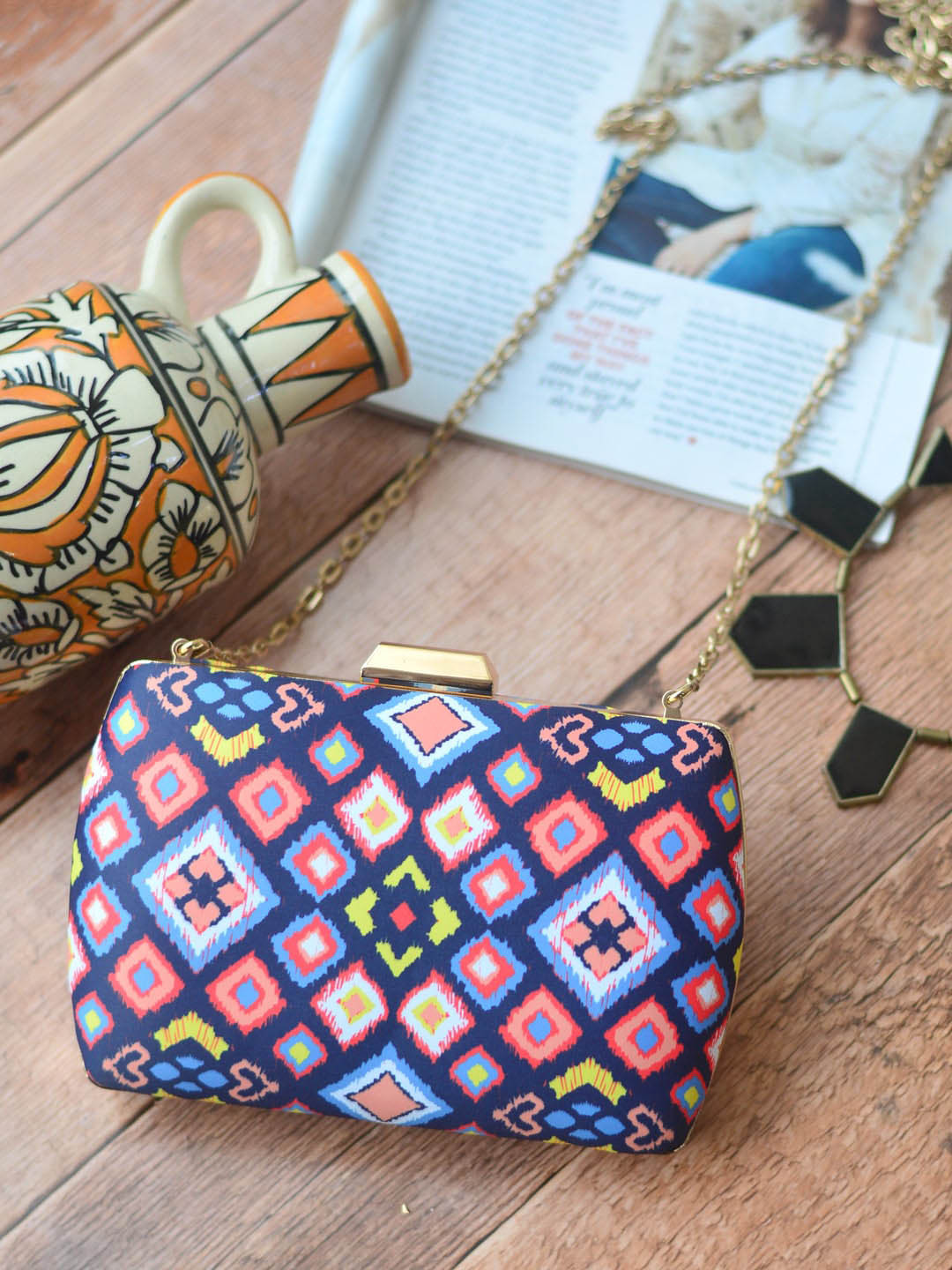 ARTKLIM Blue & Pink Printed Buckle Detail Box Clutch