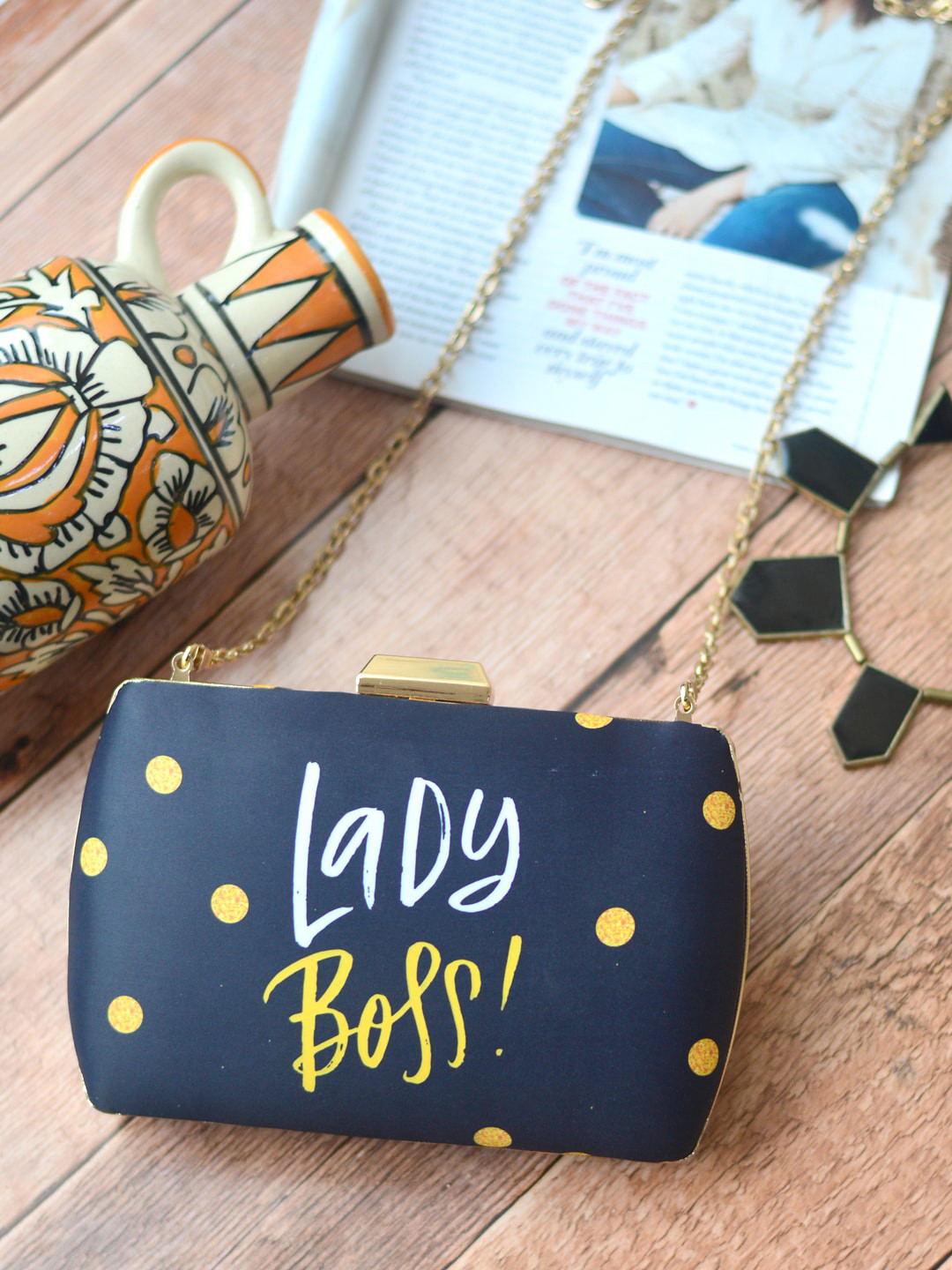 ARTKLIM Black & Yellow Lady Boss Typography Printed Box Clutch