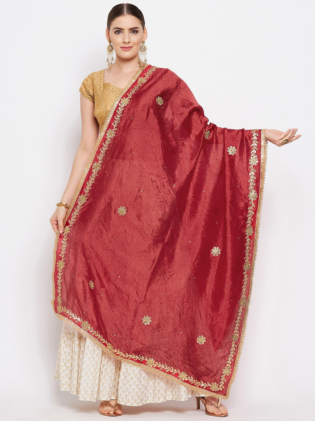 Clora Creation Red Embroidered Dupatta with Beads and Stones