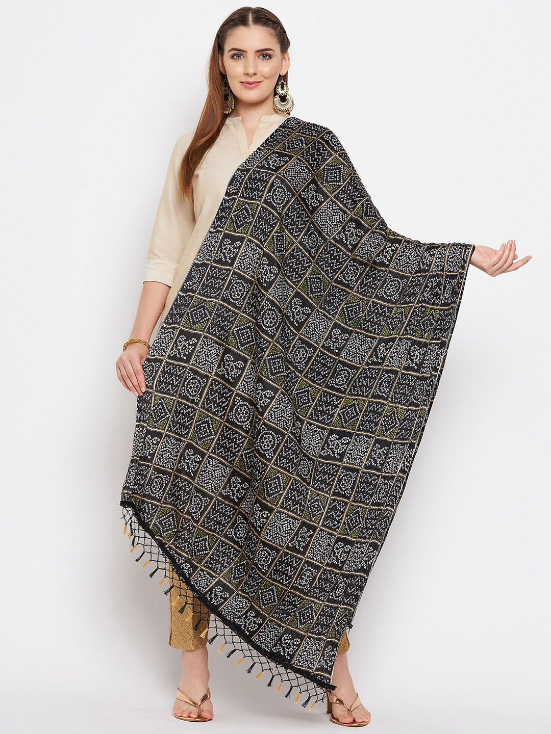 Clora Creation Black & Off White Printed Bandhani Dupatta