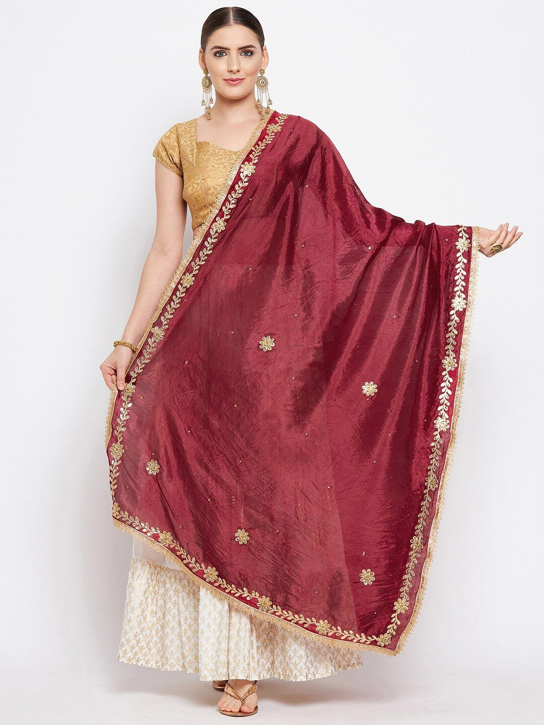 Clora Creation Women Maroon & Gold Embellished Silk Blend Dupatta