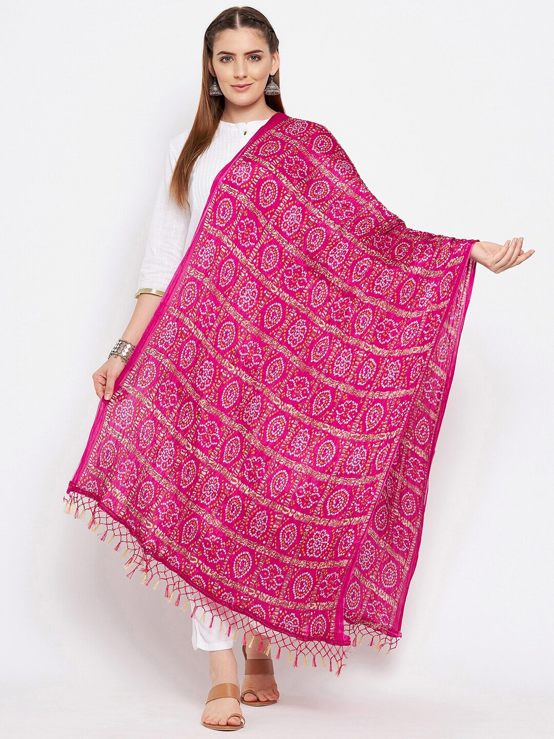 Clora Creation Magenta & White Printed Bandhani Dupatta