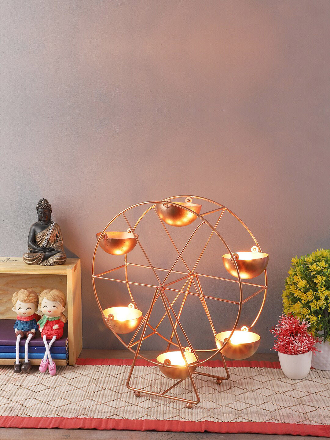 Amaya Decors Copper-Toned Solid Wheel Revolving Tealight Holder