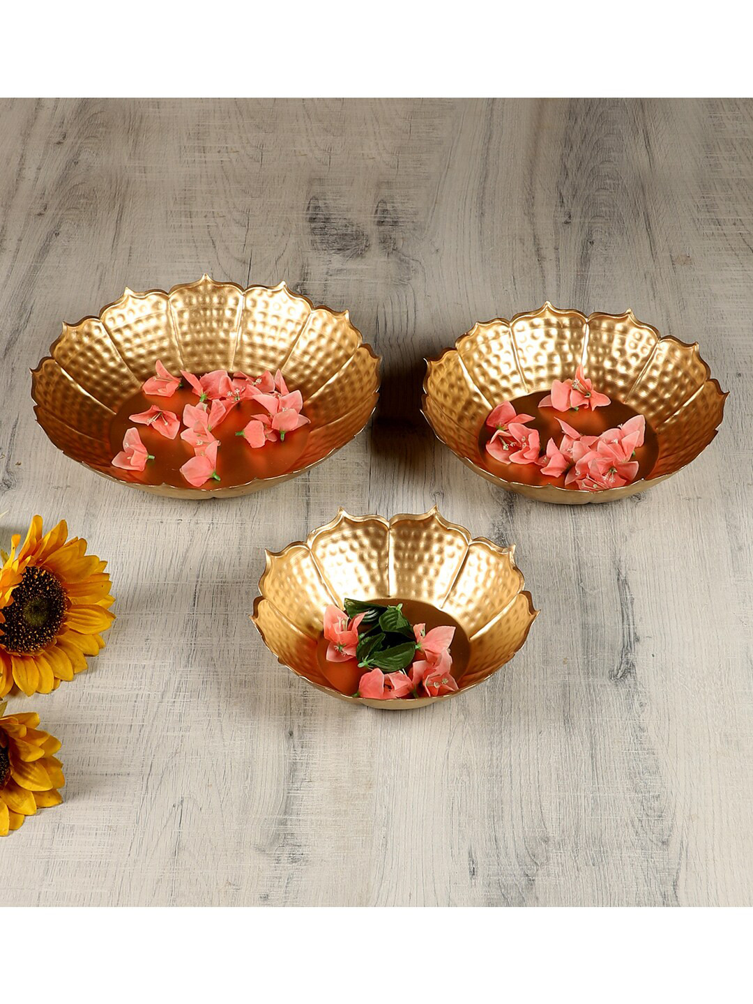 Amaya Decors Pack Of 3 Gold-Toned Solid Sunflower Urli
