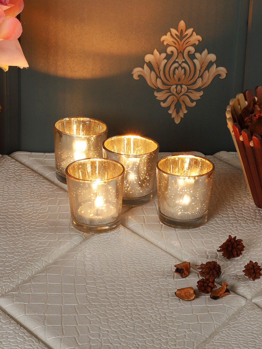Amaya Decors Pack Of 4 Silver-Toned Textured Candle Holders
