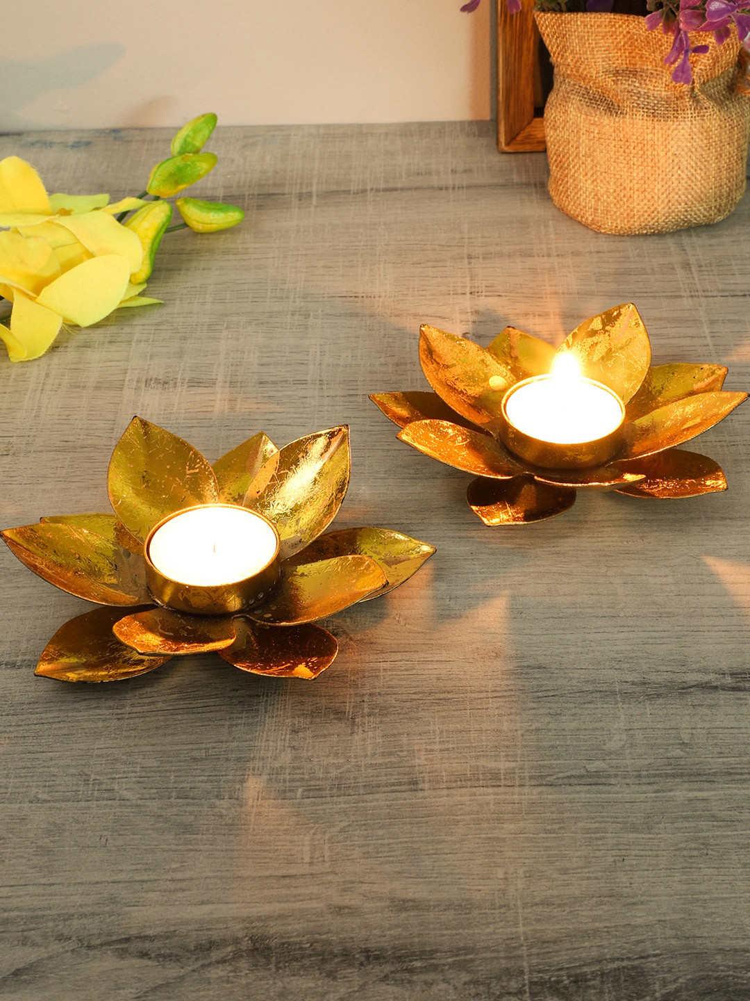 Amaya Decors Set Of 2 Gold-Toned Lotus Tealight Candle Holders