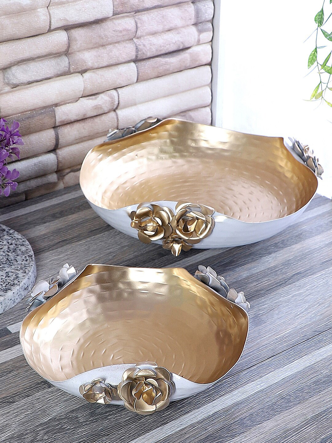 Amaya Decors Set of 2 White & Gold-Toned Rose Decorative Urli Bowl Candle Holders