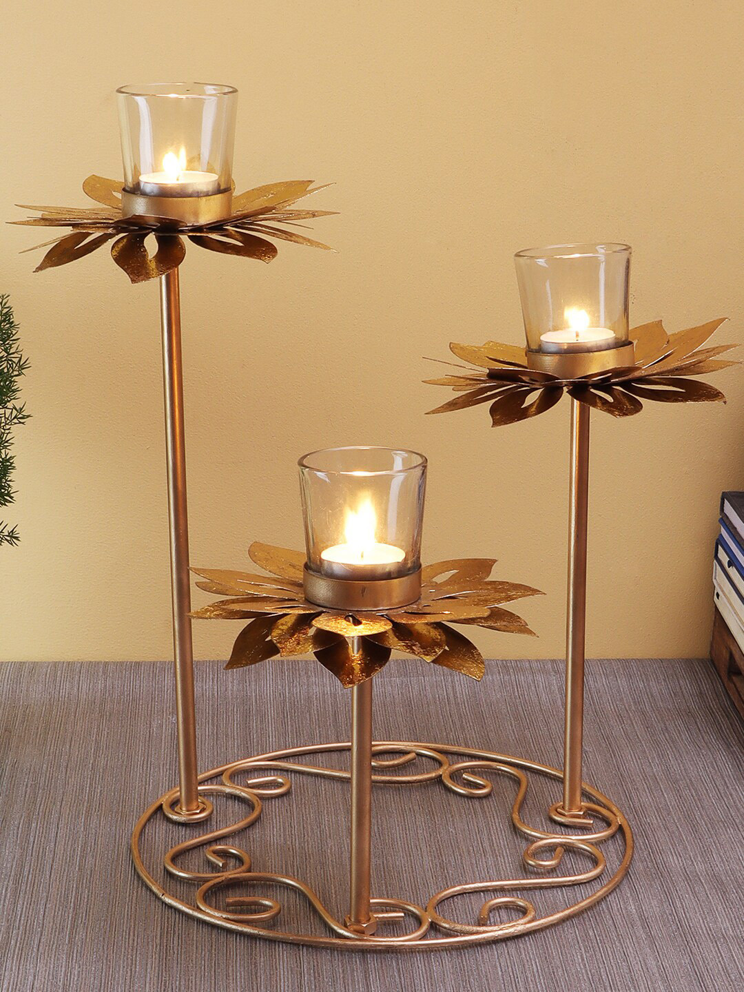 Amaya Decors Gold-Toned Sunflower With Ring Candle Holder