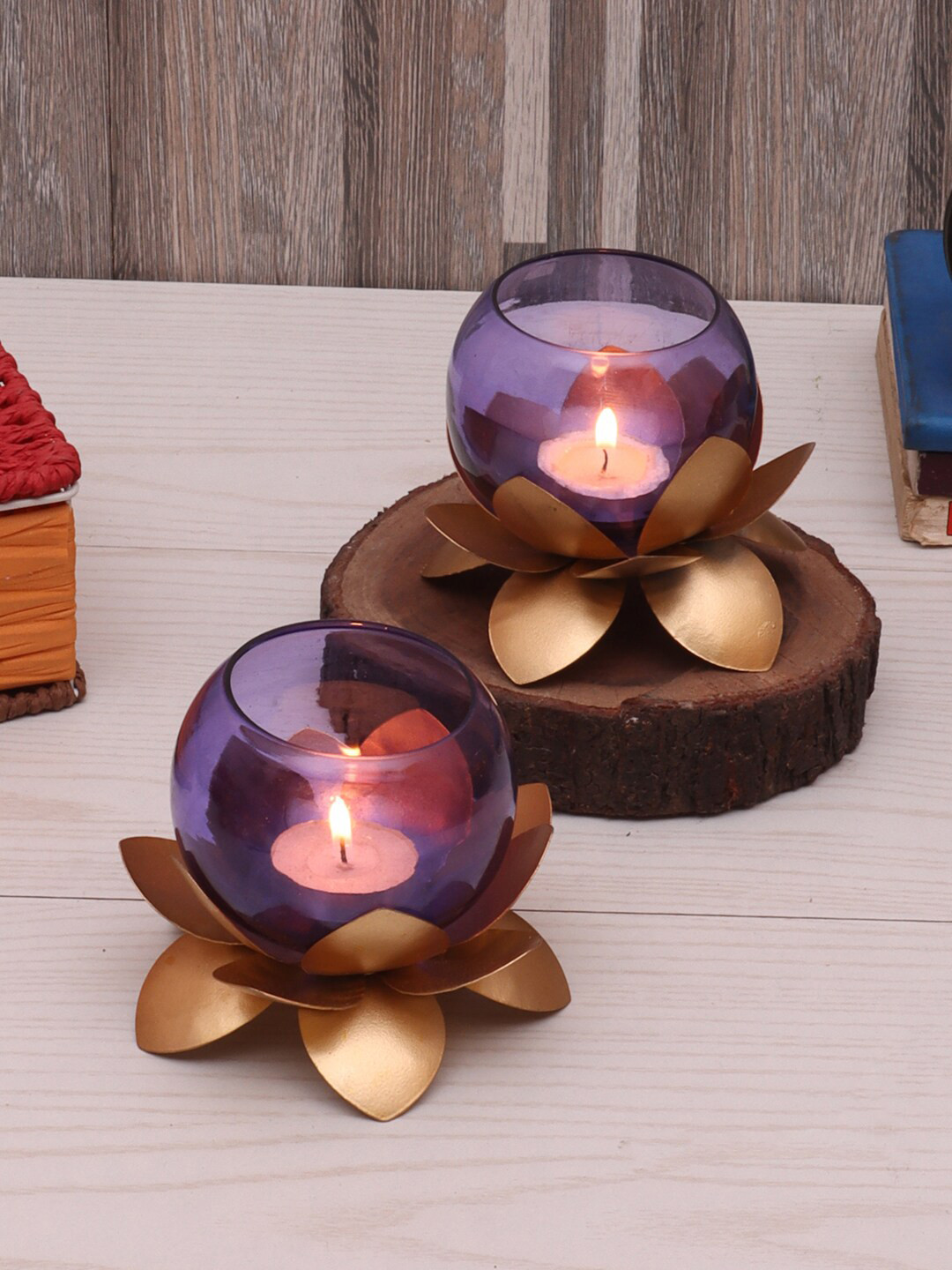 Amaya Decors Set Of 2 Gold-Toned & Purple Glass Lotus Tealight Holder