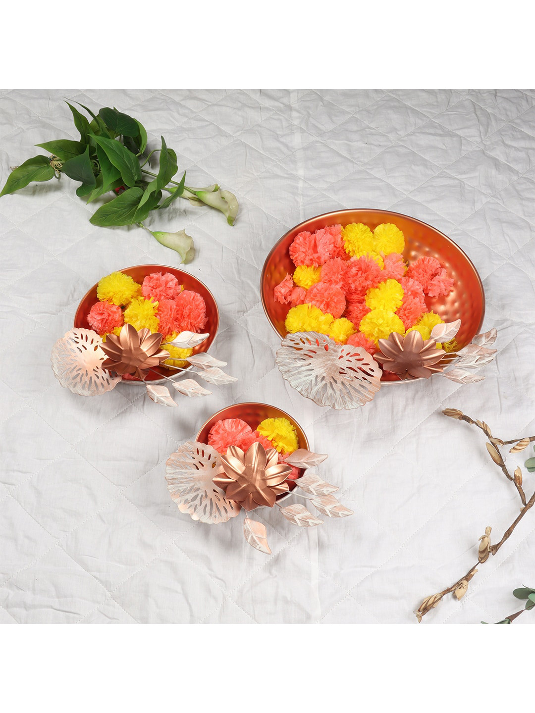 Amaya Decors Pack of 3 Copper Flower Design Urli Bowl