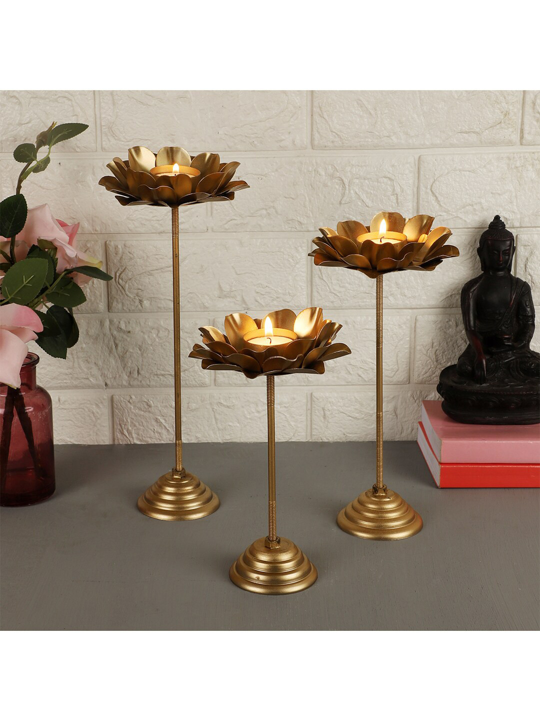 Amaya Decors Pack Of 3 Gold-Toned Floor Tealight Holders