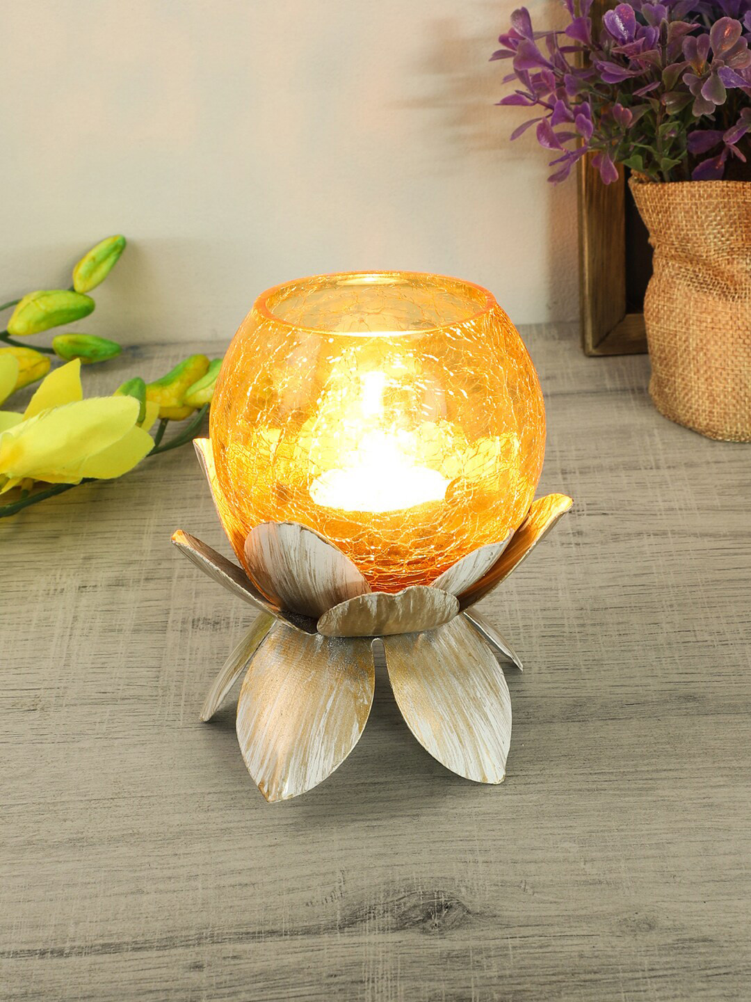 Amaya Decors Yellow & White Textured Candle Holders