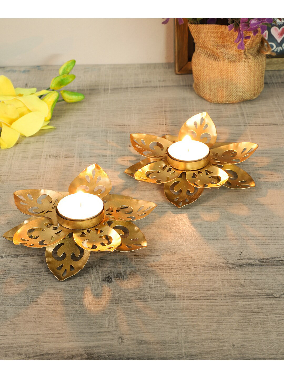 Amaya Decors Pack Of 2 Gold-Toned  Flower Cut Tealight Candle Holder