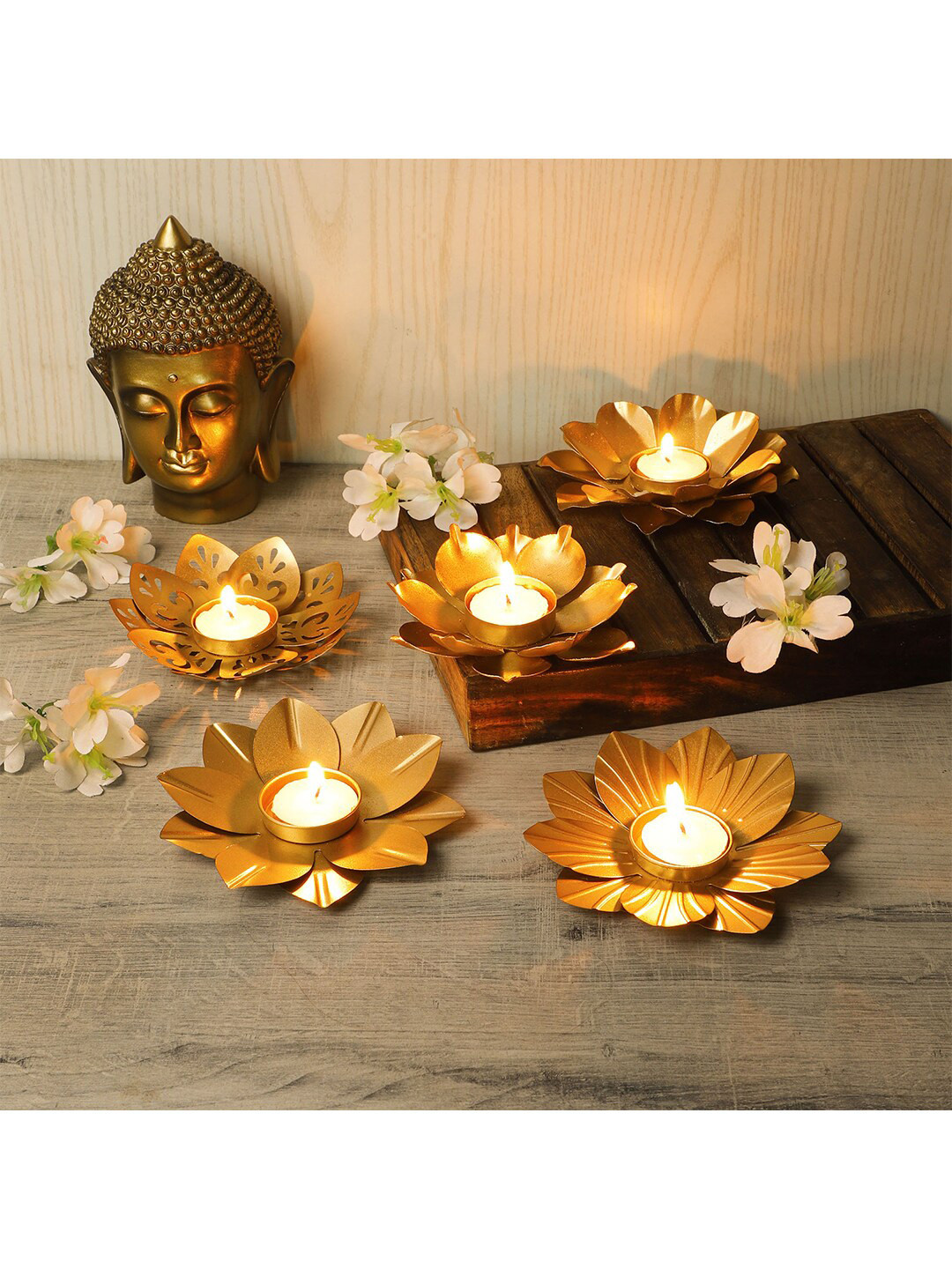 Amaya Decors Set Of 3 Gold-Toned Solid Flower Shape Tealight Holders