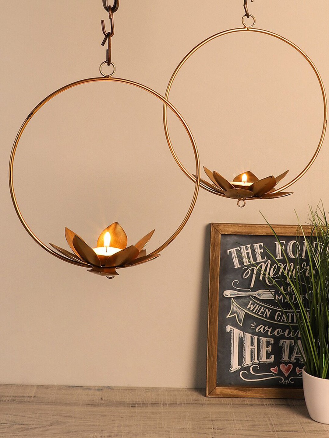 Amaya Decors Set Of 2 Gold-Toned Round Hanging Tea-Light Holder
