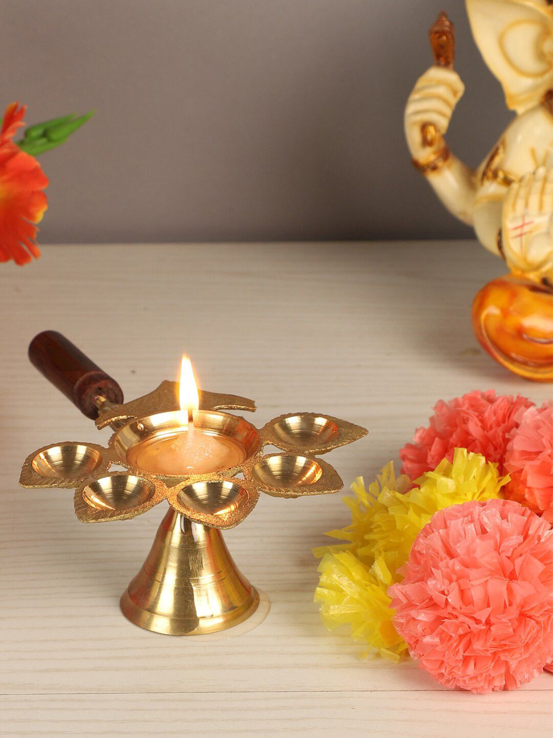 Amaya Decors Gold-Toned Panch Aarti With Handle