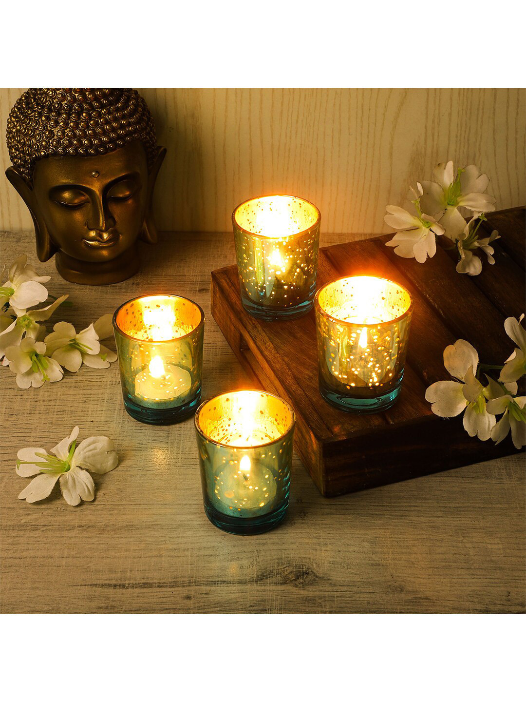 Amaya Decors Set Of 4 Silver Toned & Blue Glass Votive Candle Holder