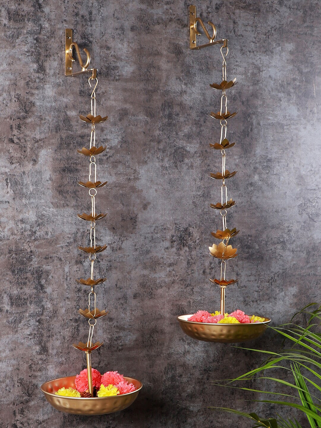 Amaya Decors Set Of 2 Gold-Toned Flower Hanging Urli With Stand
