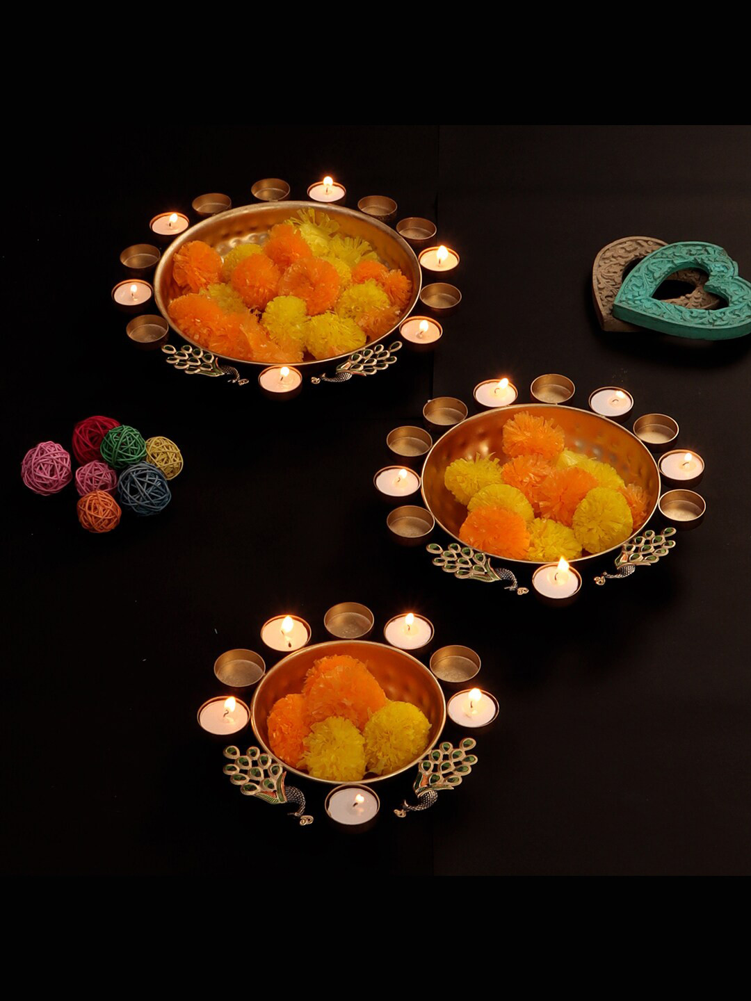 Amaya Decors Set of 3 Gold-Toned Textured Peacock Uruli With Tealight