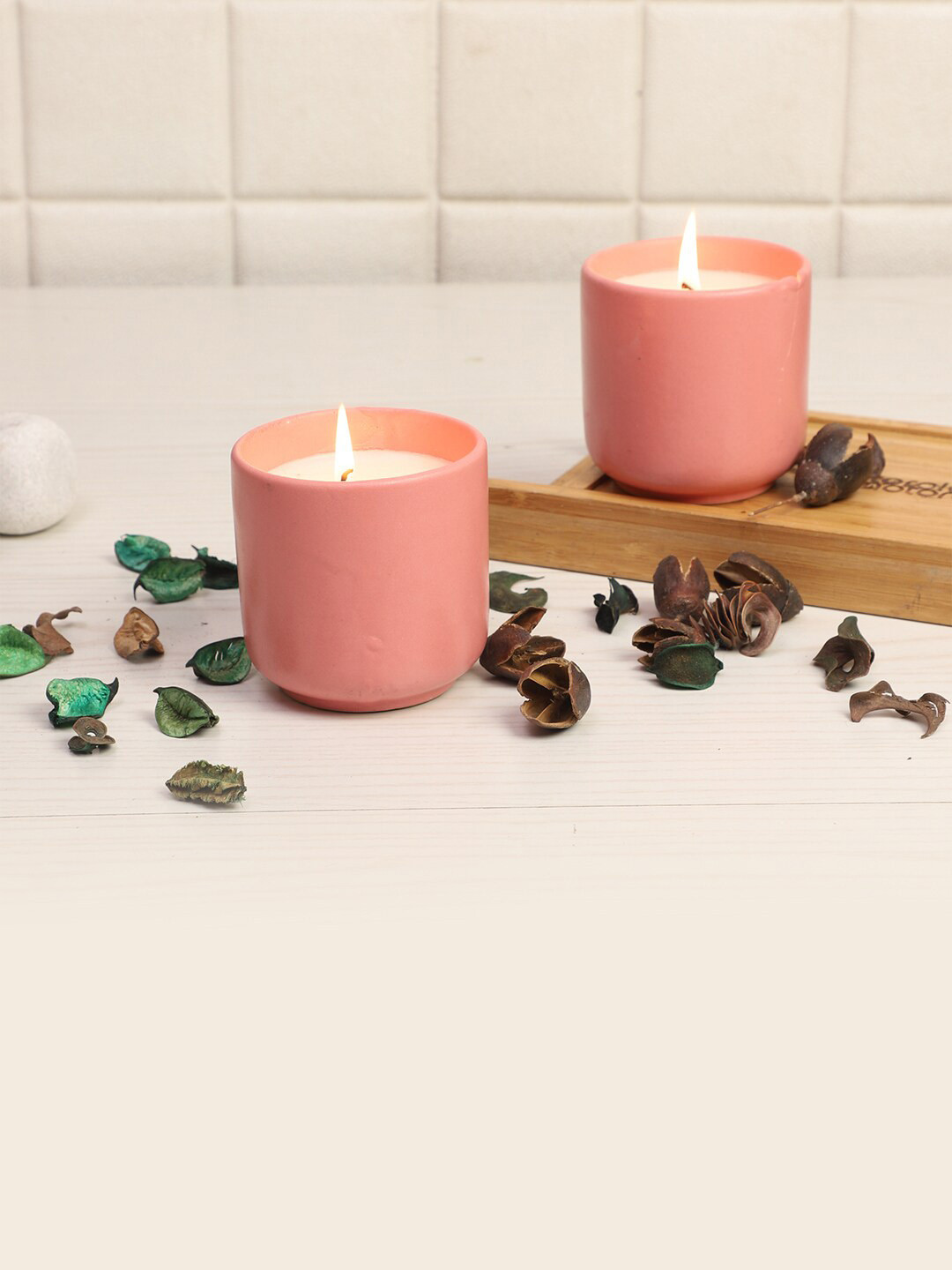 Amaya Decors Set Of 2 Pink Ceramic Glass Wax Candle