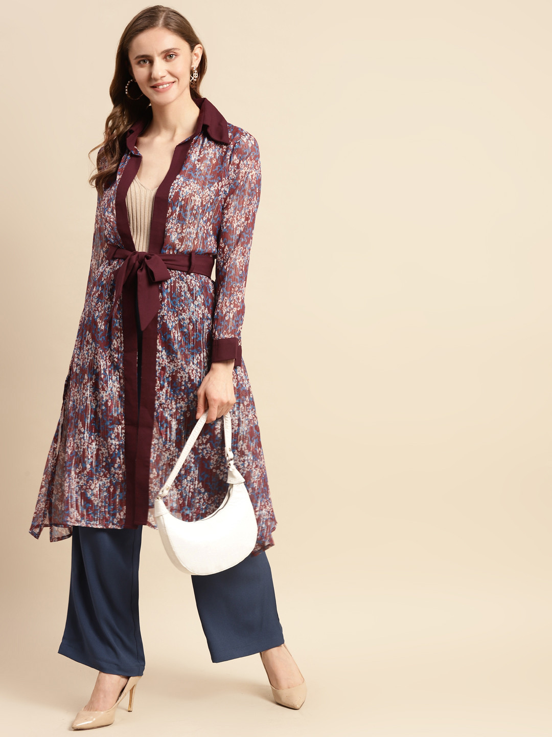 WoowZerz Women Maroon & Blue Poly Chiffon Printed Longline Tie-Up Shrug