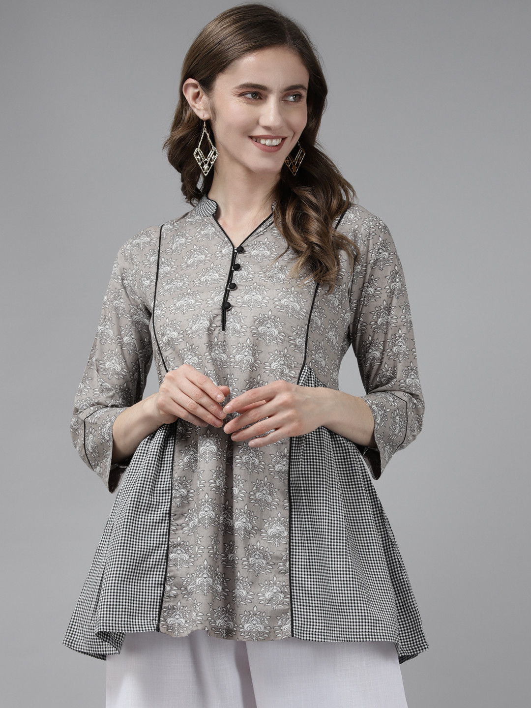 Bhama Couture Grey & White Mandarin Collar Printed Tunic