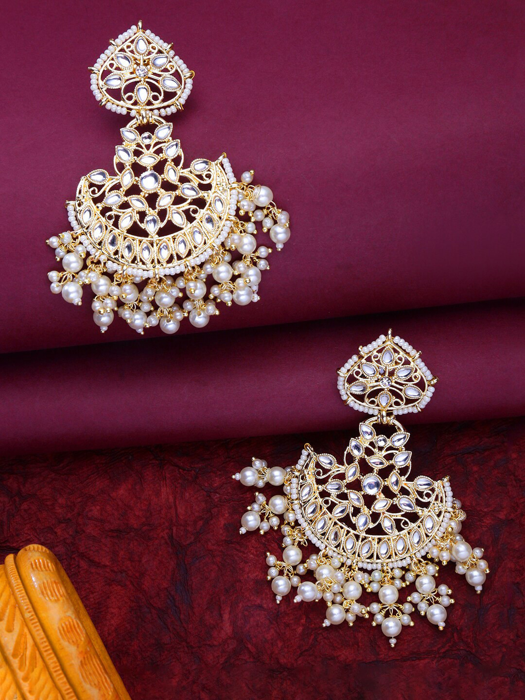 Yellow Chimes Gold Plated Kundan Studded Pearl Chandbalis Earrings
