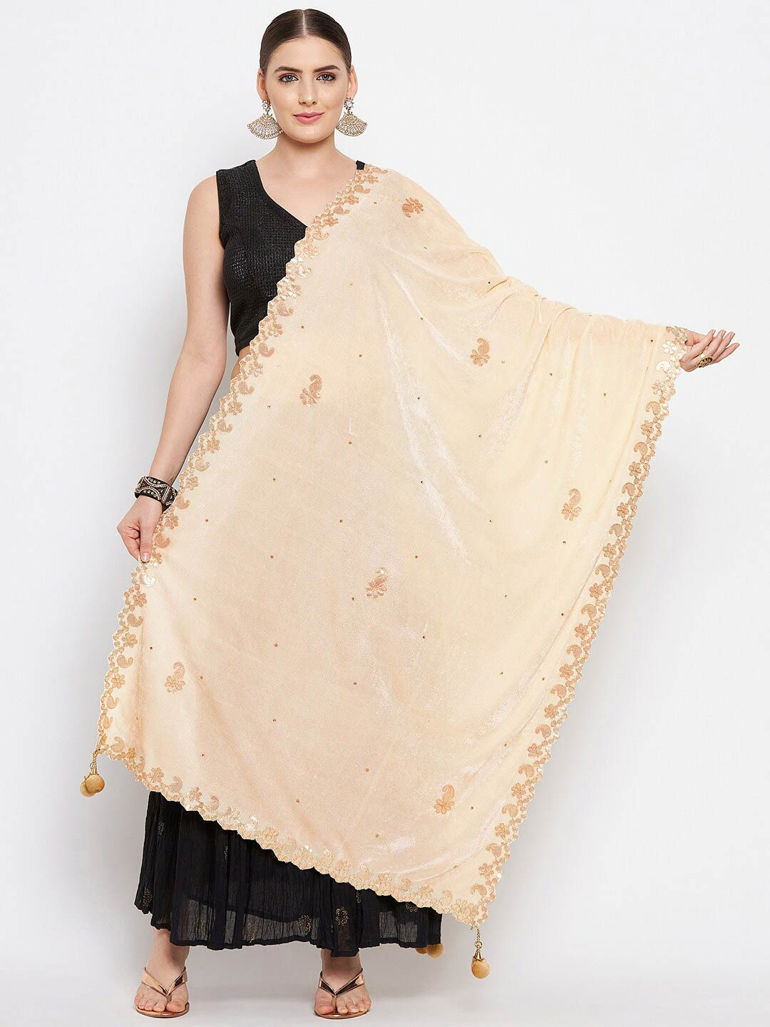 Clora Creation Cream-Coloured & Gold-Toned Paisley Embroidered Velvet Dupatta with Gotta Patti